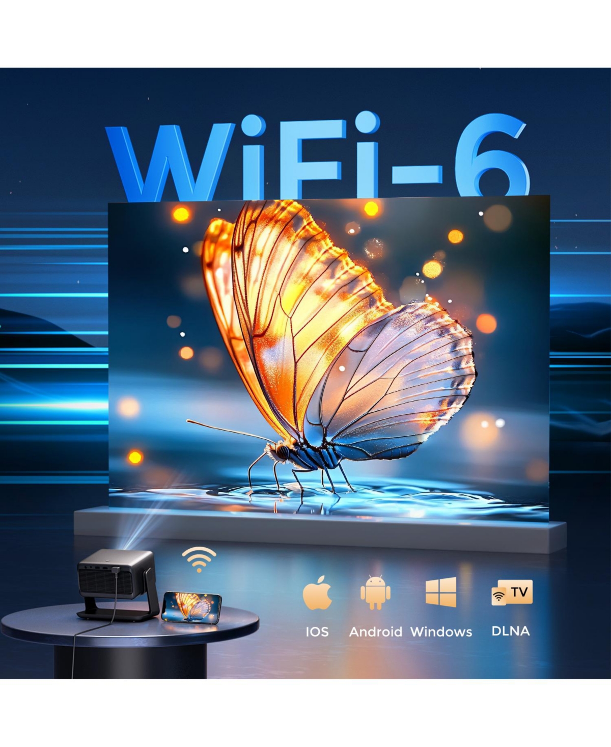 Elephas Viedo Projector With Wifi And Bluetooth, Smart Movie System/ Dolby Audio/ Auto Focus & Keystone Portable Projector, For Home Theater / Outdoor