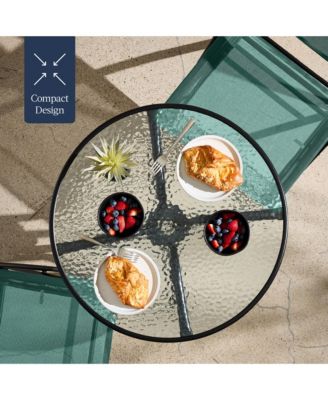 3-Piece Patio Bistro Dining Furniture Set w/ Round Textured Glass Tabletop, Folding Chairs