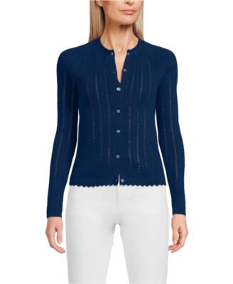Women's Cotton Pointelle Satin Trim Cardigan Sweater
