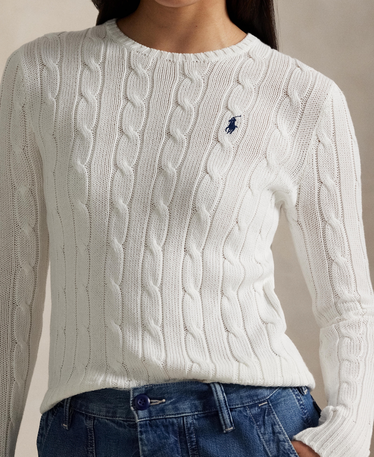 Polo Ralph Lauren Ralph Lauren White Cotton Cable-knit Crew Neck Sweater In White