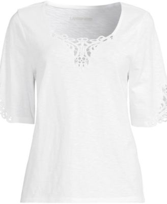 Women's Elbow Sleeve Slub Lace Trim T-Shirt