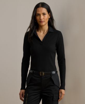 Women's Rib-Knit Long-Sleeve Polo Top