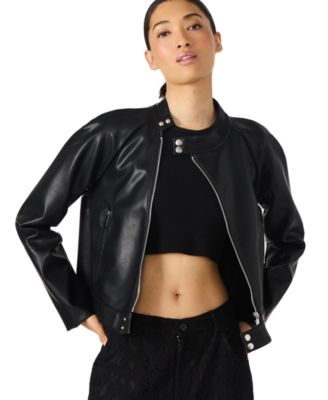 Women's Faux Leather Jett Trapeze Moto Collarless Jacket