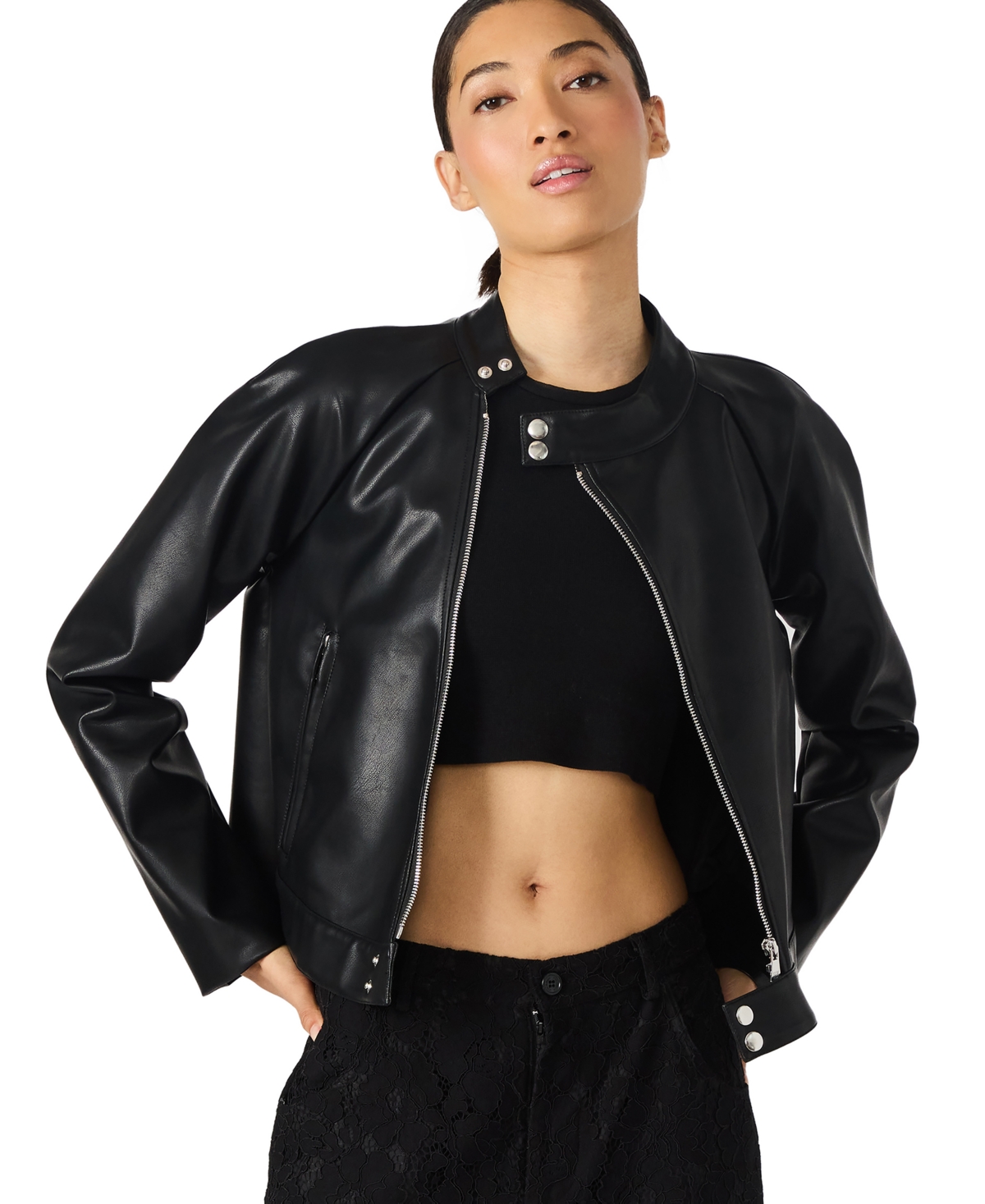 Steve Madden Women's Jett Trapeze Moto Collarless Jacket