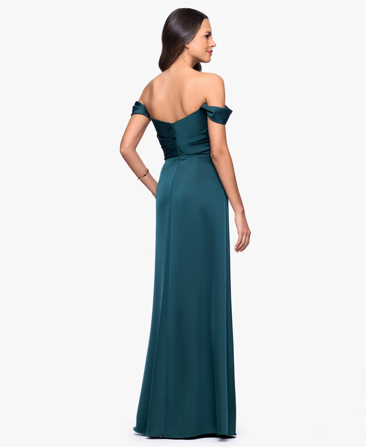 Betsy & Adam Heather Off The Shoulder Satin Gown In Green