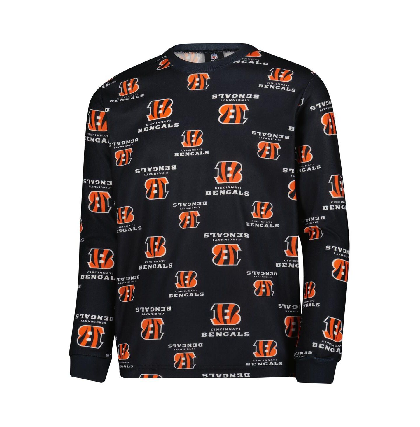 Детские пижамы Outerstuff Big Boys and Girls 2-Piece Black Cincinnati Bengals All-Over-Print Long Sleeve T-Shirt and Pants Sleep Set — фото 5