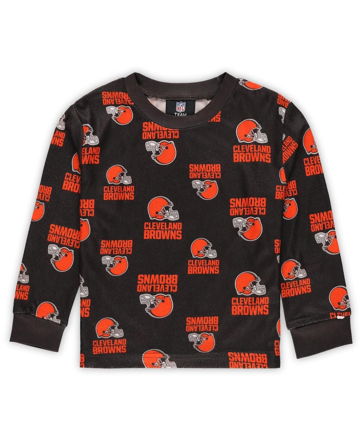 Outerstuff Toddler Brown Cleveland Browns All-over-print Long Sleeve T-shirt And Pants Sleep Set In Multi