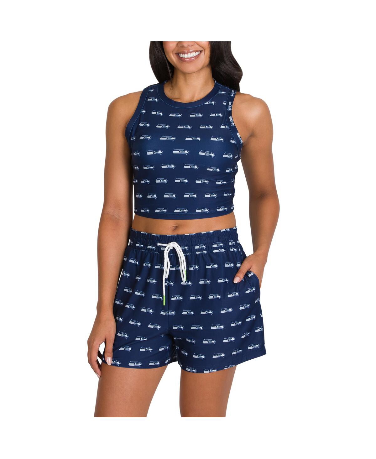Concepts Sport Women's Seattle Seahawks Gauge Allover Print Cropped Tank Top Shorts Sleep Set In Blue