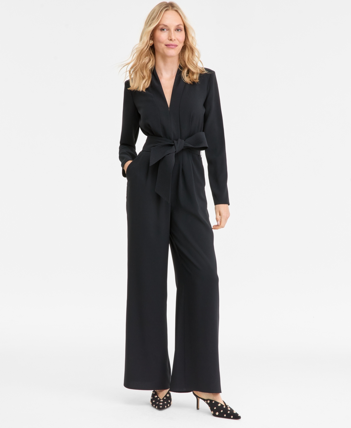 I.n.c. International Concepts Women's Long-Sleeve Tie-Belt Jumpsuit, Macy's Exclusive