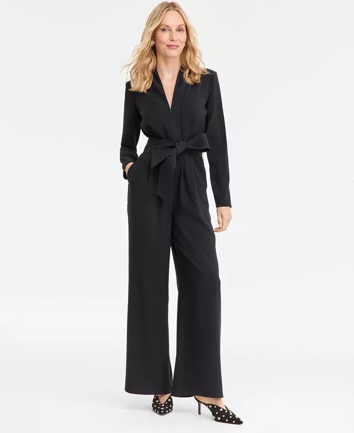 Women's Long-Sleeve Tie-Belt Jumpsuit