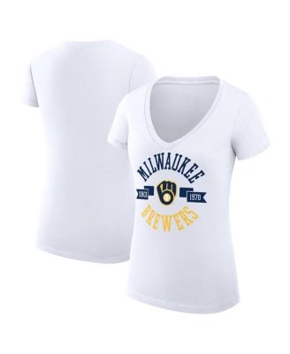 G-III 4Her by Carl Banks - Women's White Milwaukee Brewers Super-Slim Fit Lightweight City Graphic V-Neck T-Shirt