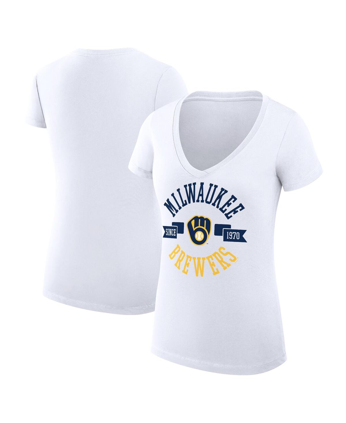 G-iii 4her By Carl Banks Women's White Milwaukee Brewers Super-slim Fit Lightweight City Graphic V-neck T-shirt In White
