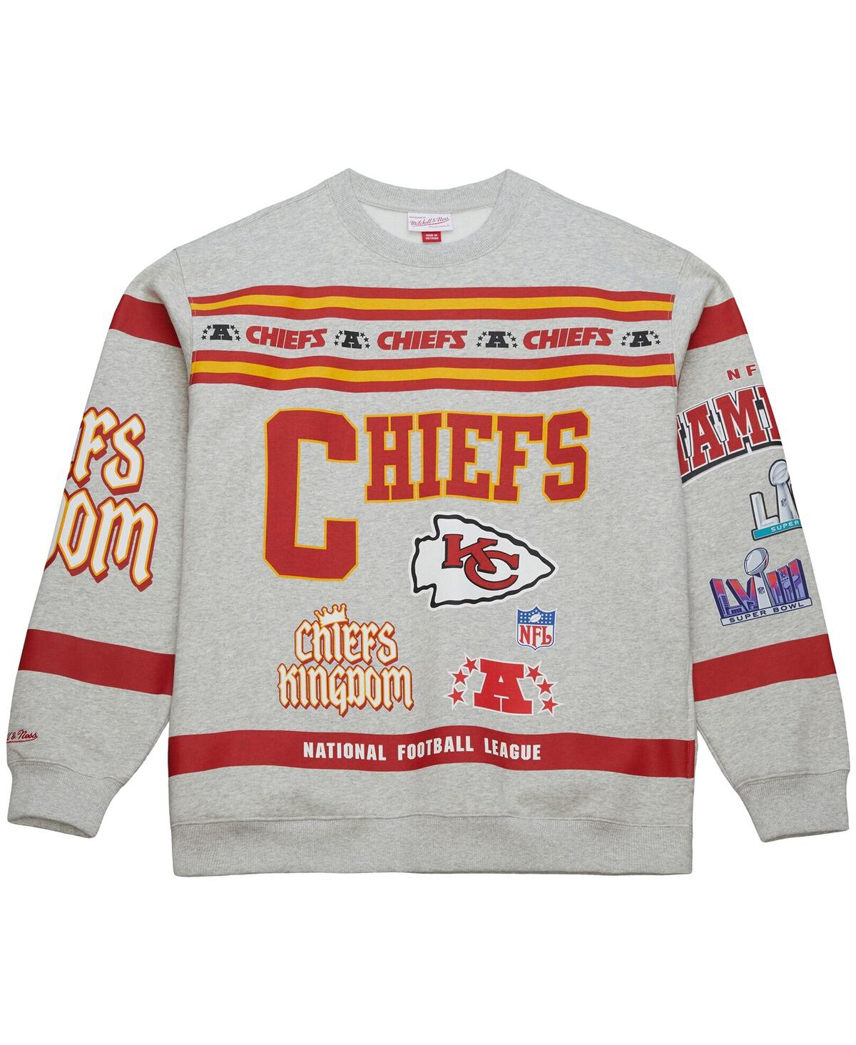 Mitchell & Ness Men's Heather Gray Kansas City Chiefs All Over Print Vintage Fleece Crewneck Sweatshirt In Multi