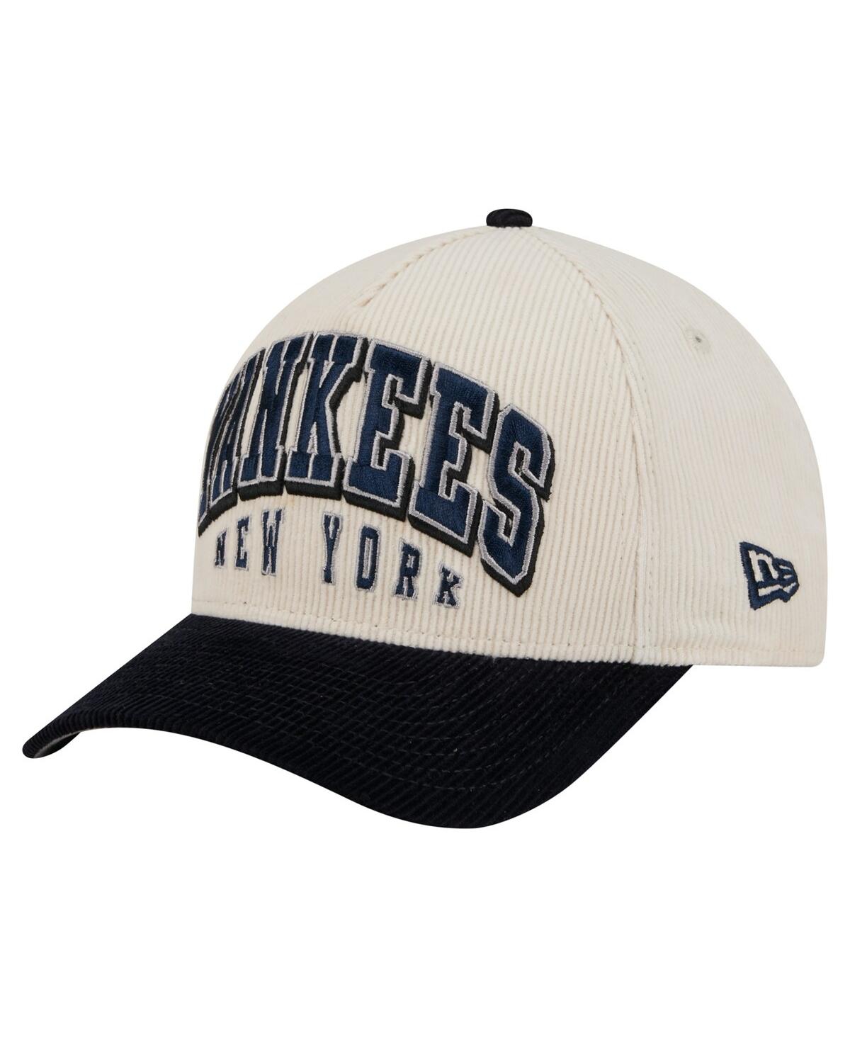New Era Men's Cream/navy New York Yankees Sided Corduroy 9forty A-frame Adjustable Hat In White