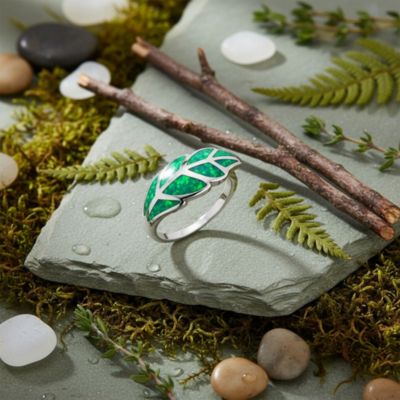 Nature Leaf Green Created Opal Leaf Band Ring .925 Sterling Silver