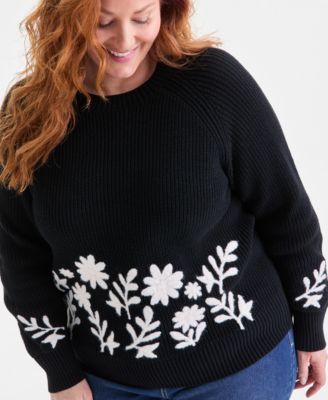 Plus Size Embroidered Raglan-Sleeve Sweater, Macy's Exclusive