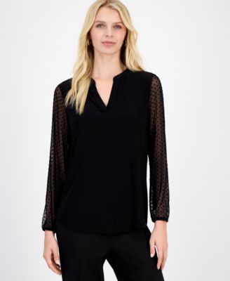 Kasper - Petite Long-Sleeve Split-Neck Blouse