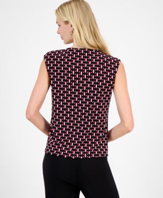 Women's Geo-Print Pleated-Neck Blouse, Regular & Petite