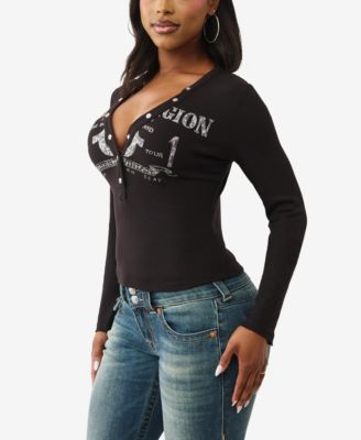 Women's LS Printed Ribbed Henley Top