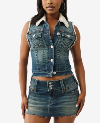 True Religion Women's Shrunken Sherpa Denim Vest - Macy's