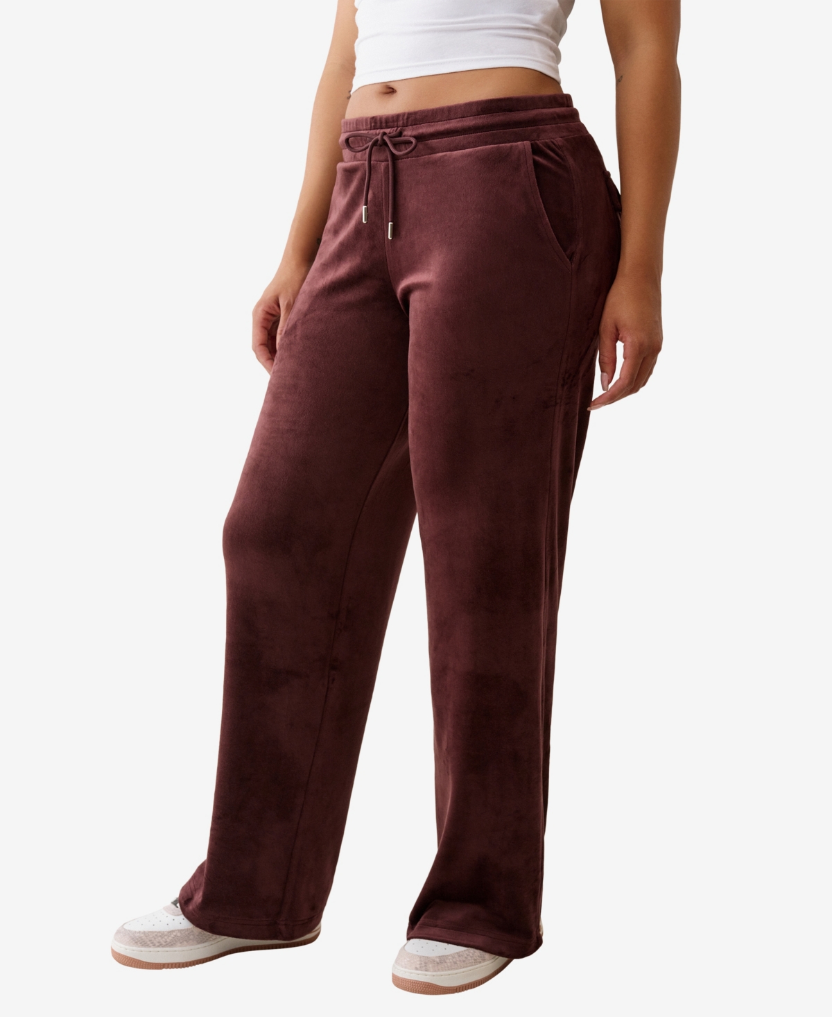 True Religion Rhinestone Velour Straight Leg Drawstring Pants In Burgundy