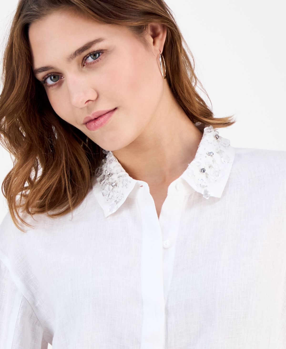Charter Club Women's Embellished-collar 100% Linen Shirt, Macy's Exclusive In White