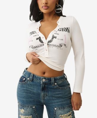 Women's LS Printed Ribbed Henley Top