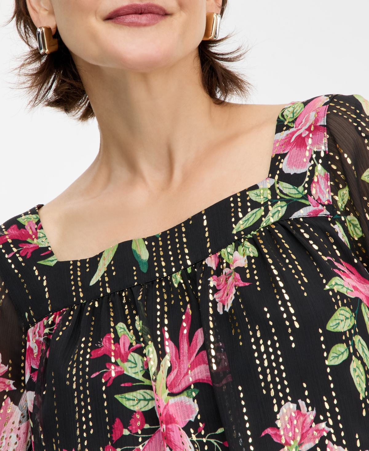 Jm Collection Women's Floral Shine Square-Neck Top, Macy's Exclusive