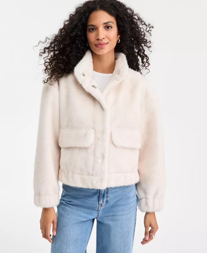 Women's Woven Solid Faux-Fur Bomber Jacket - thumbnail 5