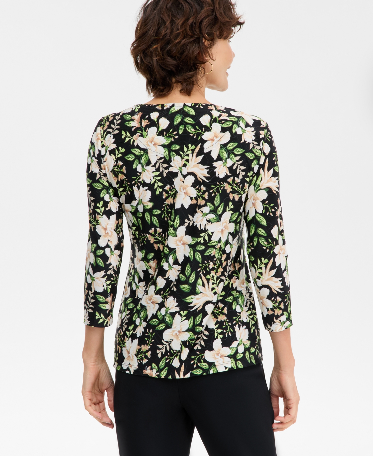 Jm Collection Women's Floral Bouquet Jacquard 3/4-Sleeve Top, Macy's Exclusive
