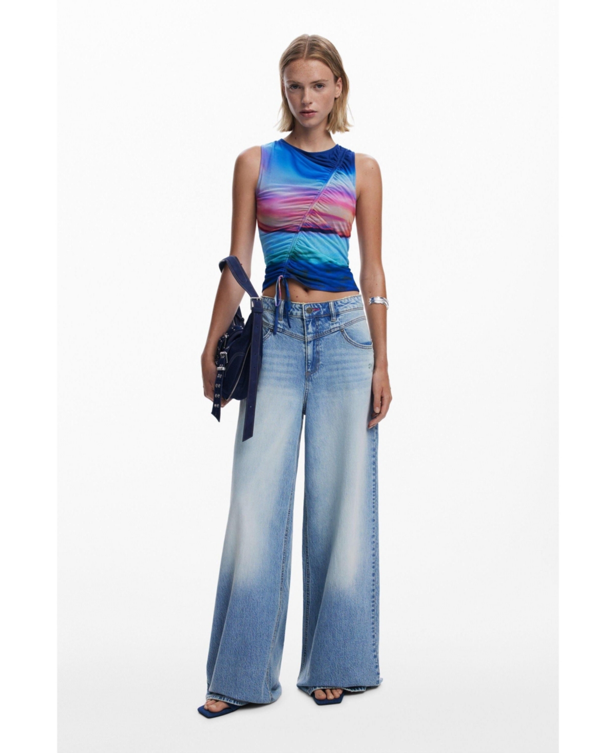 Desigual Drawstring Front Mesh Tank In Blue