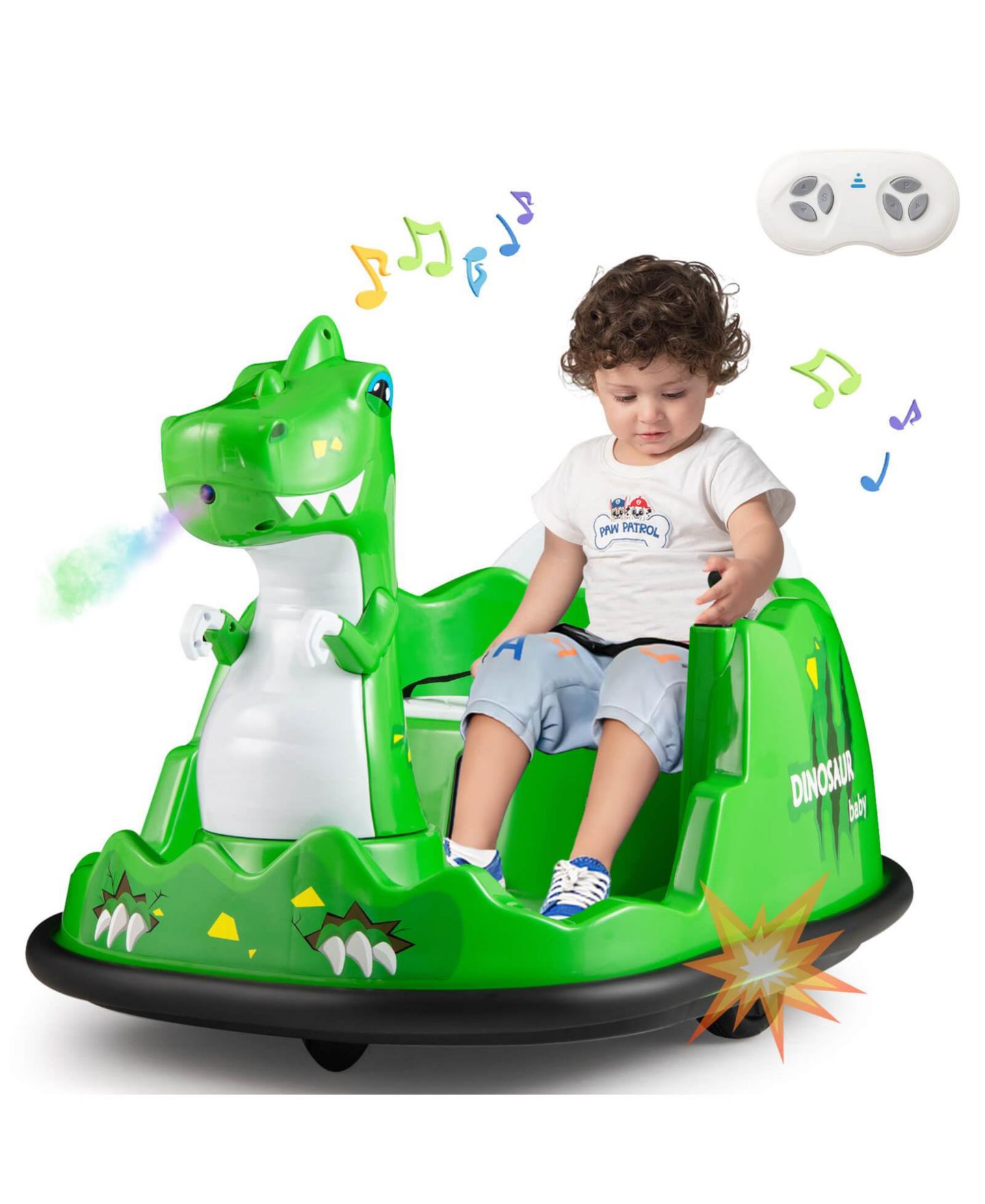 Детская игрушка Costway Dinosaur Ride-On Bumper Car with Remote Control, Spray and Lights, 44 lbs, 2–5 лет, цвет: Зелёный — фото 3