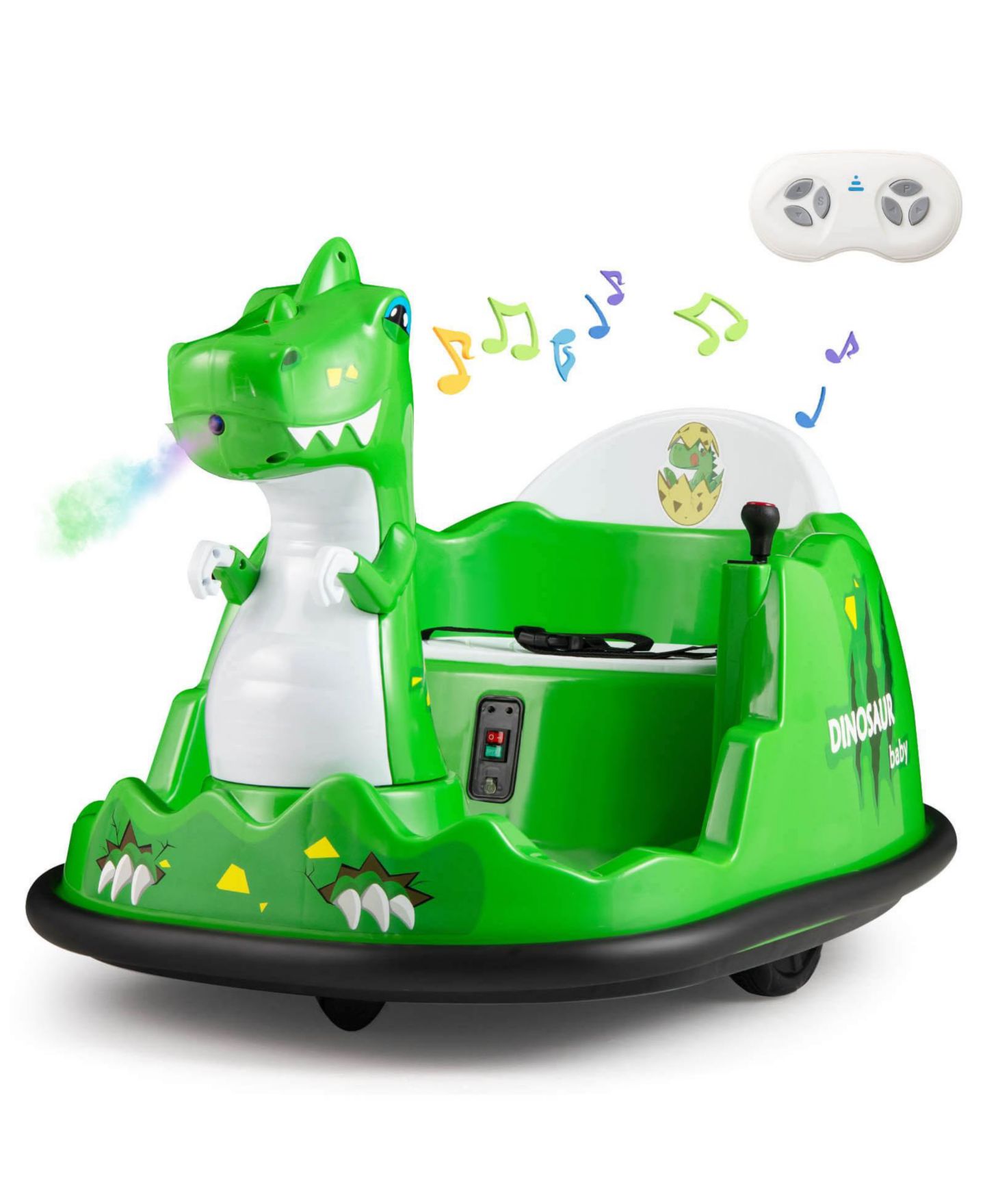 Детская игрушка Costway Dinosaur Ride-On Bumper Car with Remote Control, Spray and Lights, 44 lbs, 2–5 лет, цвет: Зелёный — фото 1