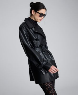 Women’s Faux Leather Double Breasted Belted Trench