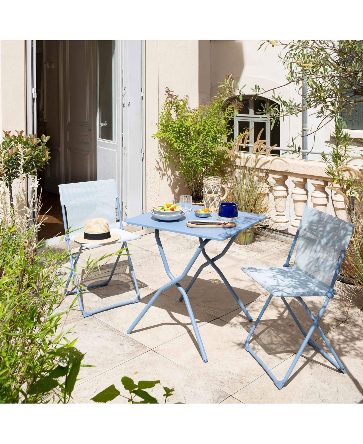 Lafuma Balcony Ii Colorblock Steel Square Folding Outdoor Patio Table, Sky Blue