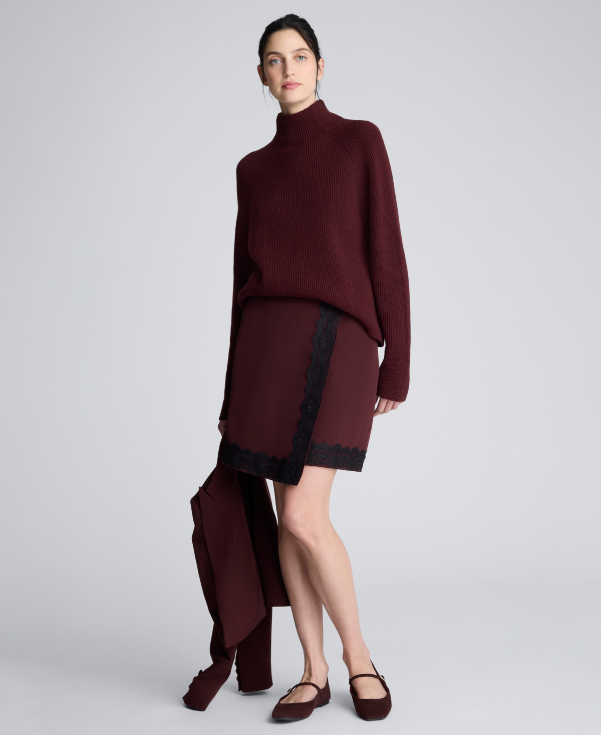 Kenneth Cole Luxe Twill Faux Wrap Mini Skirt With Lace Trim In Brown