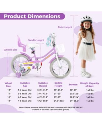 Kids Bicycle with Basket Doll Seat Colorful Streamers Training Wheels Purple