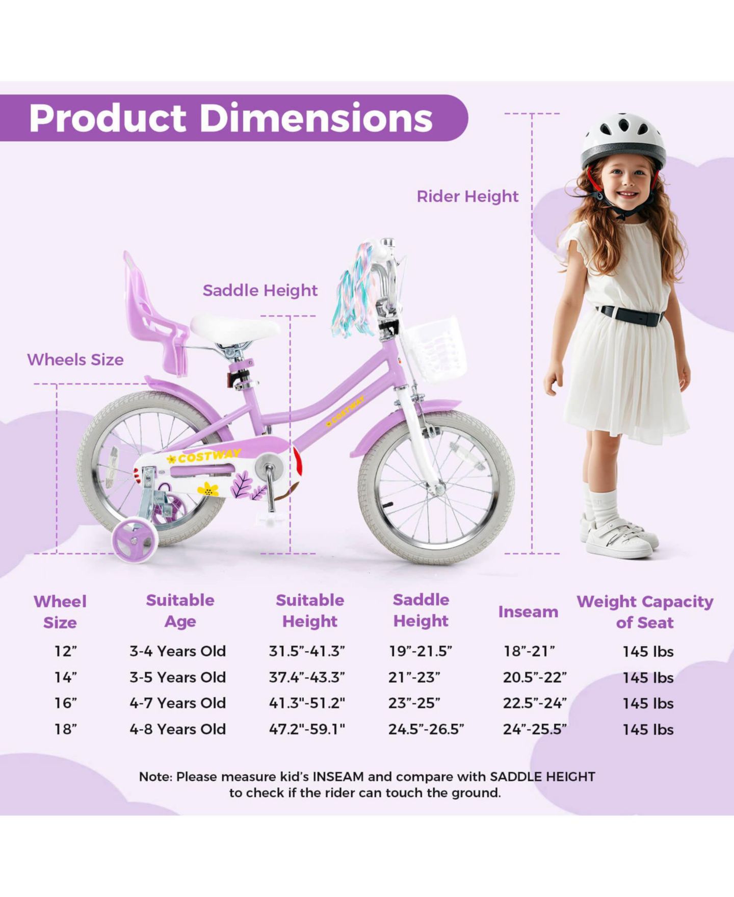 Детская игрушка Costway 16-Inch Kids' Bicycle with Training Wheels and Adjustable Seat, 145 lbs, Ages 4-7, цвет: Фиолетовый — фото 4