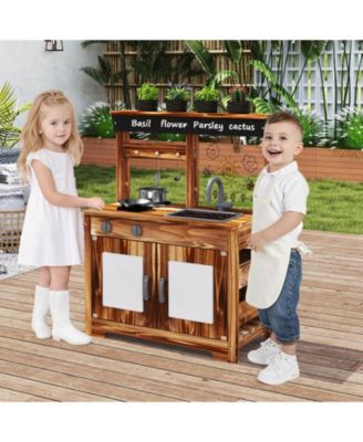 Kids Mud Kitchen Set with Removable Sink Faucet Dual Stoves 4 Planting Pots