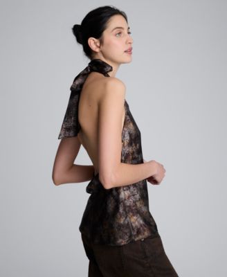 Women's Crossover Printed Metallic Foil Halter Top