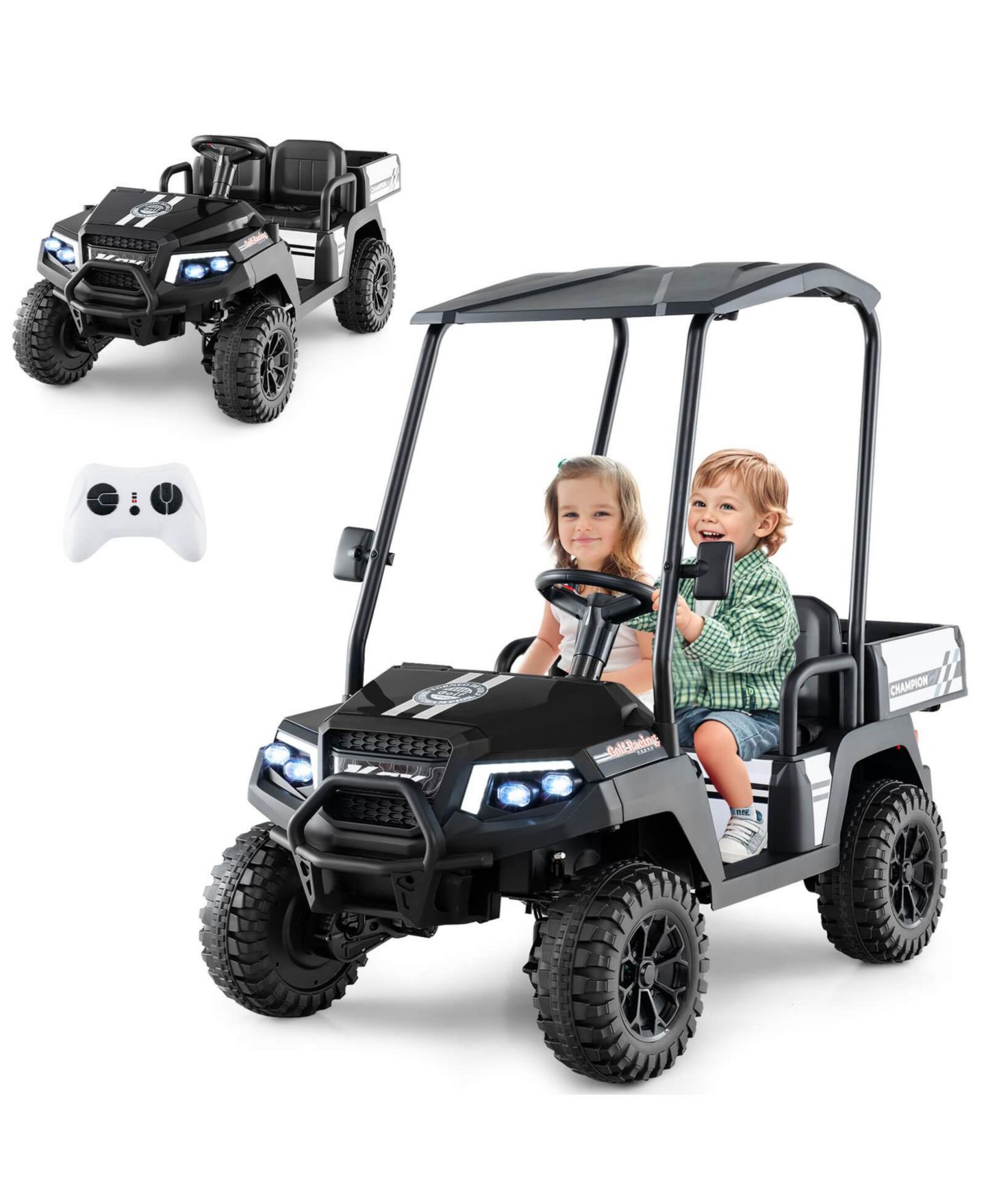 Детская игрушка Costway 24V 7AH Kids Golf Cart 4WD 2 Seater Ride on Car with Sun Shade Dump, цвет: Чёрный — фото 10