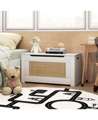 31.5" Toy Chest for Kids Rattan Toy Storage Box with Flip Top Lid & Safety Hinge