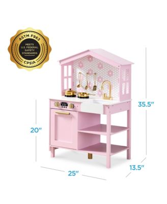 Pretend Play Wooden Farmhouse Kitchen Set w/ Storage, Clicking Knobs, 5 Accessories