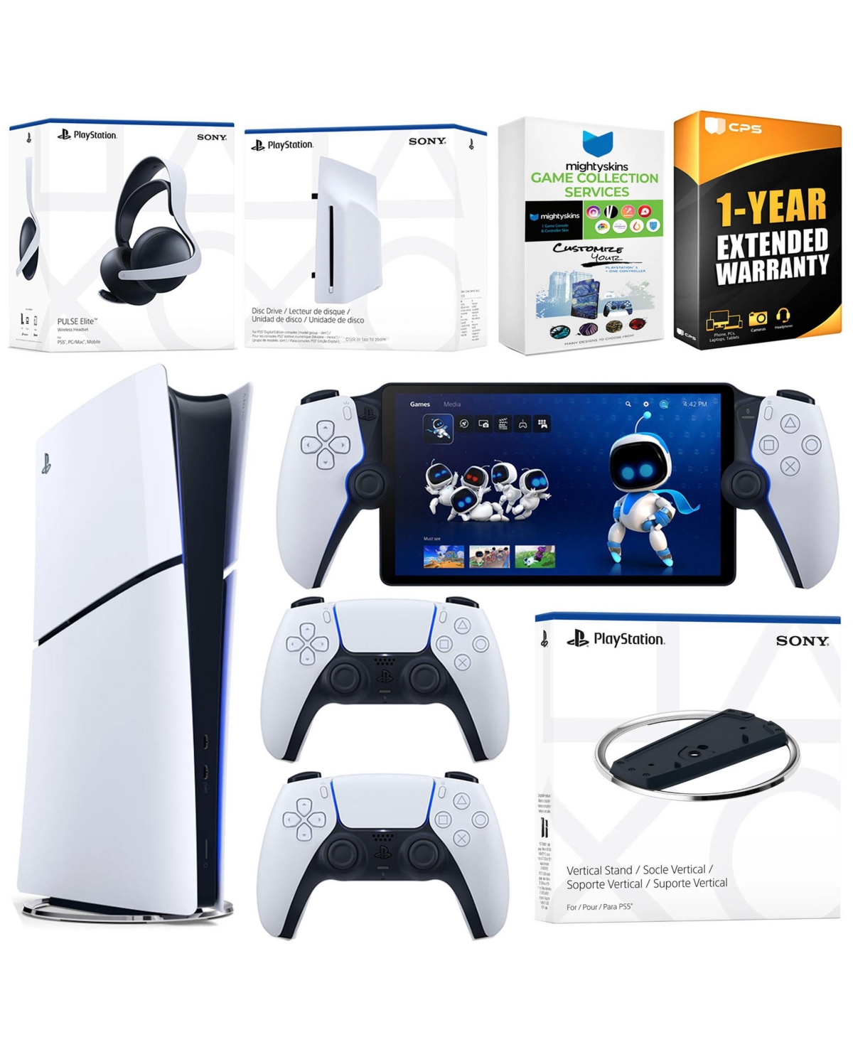 Sony PlayStation 5 Slim Digital Bundle with Disc Drive, Stand, Extra Controller, Pulse Elite Headset, PlayStation Portal, MightySkins Voucher and 1 Ye