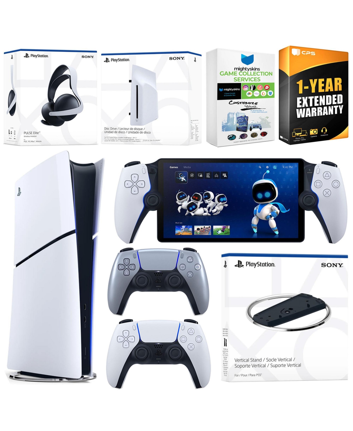 Sony PlayStation 5 Slim Digital Bundle with Disc Drive, Stand, Extra Controller, Pulse Elite Headset, PlayStation Portal, MightySkins Voucher and 1 Ye