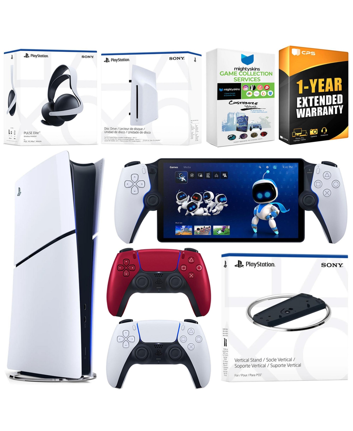 Sony PlayStation 5 Slim Digital Bundle with Disc Drive, Stand, Extra Controller, Pulse Elite Headset, PlayStation Portal, MightySkins Voucher and 1 Ye