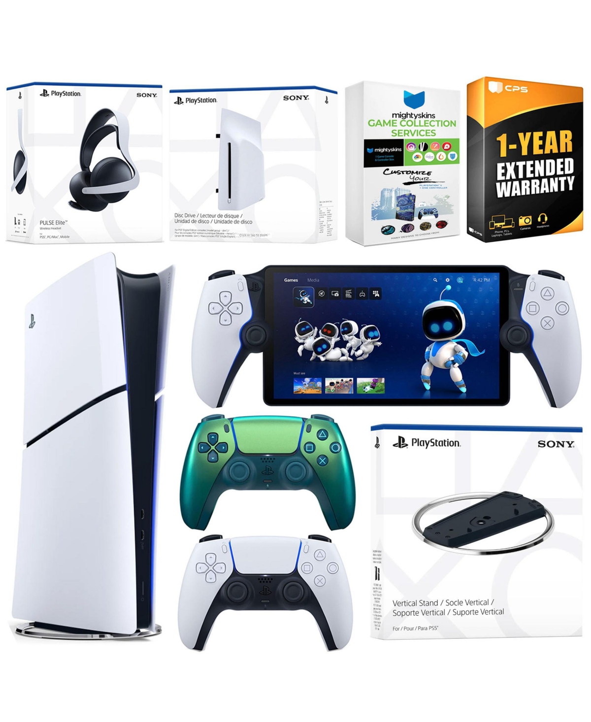 Sony PlayStation 5 Slim Digital Bundle with Disc Drive, Stand, Extra Controller, Pulse Elite Headset, PlayStation Portal, MightySkins Voucher and 1 Ye