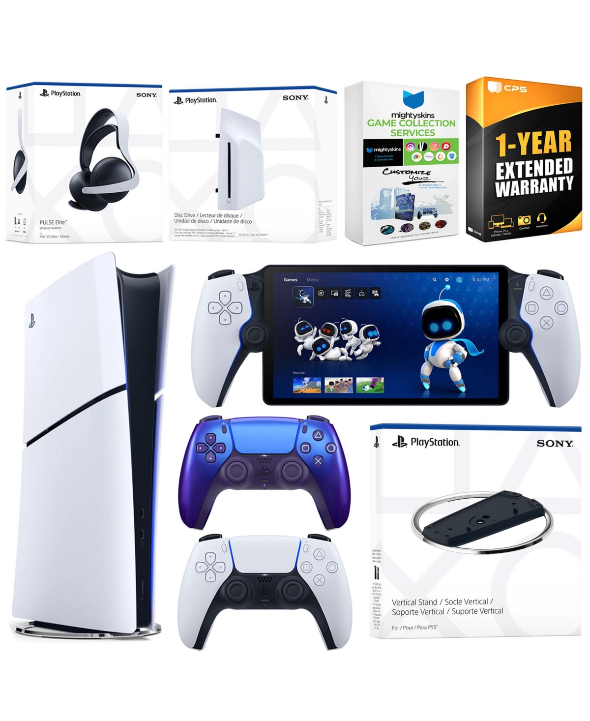 Sony PlayStation 5 Slim Digital Bundle with Disc Drive, Stand, Extra Controller, Pulse Elite Headset, PlayStation Portal, MightySkins Voucher and 1 Ye