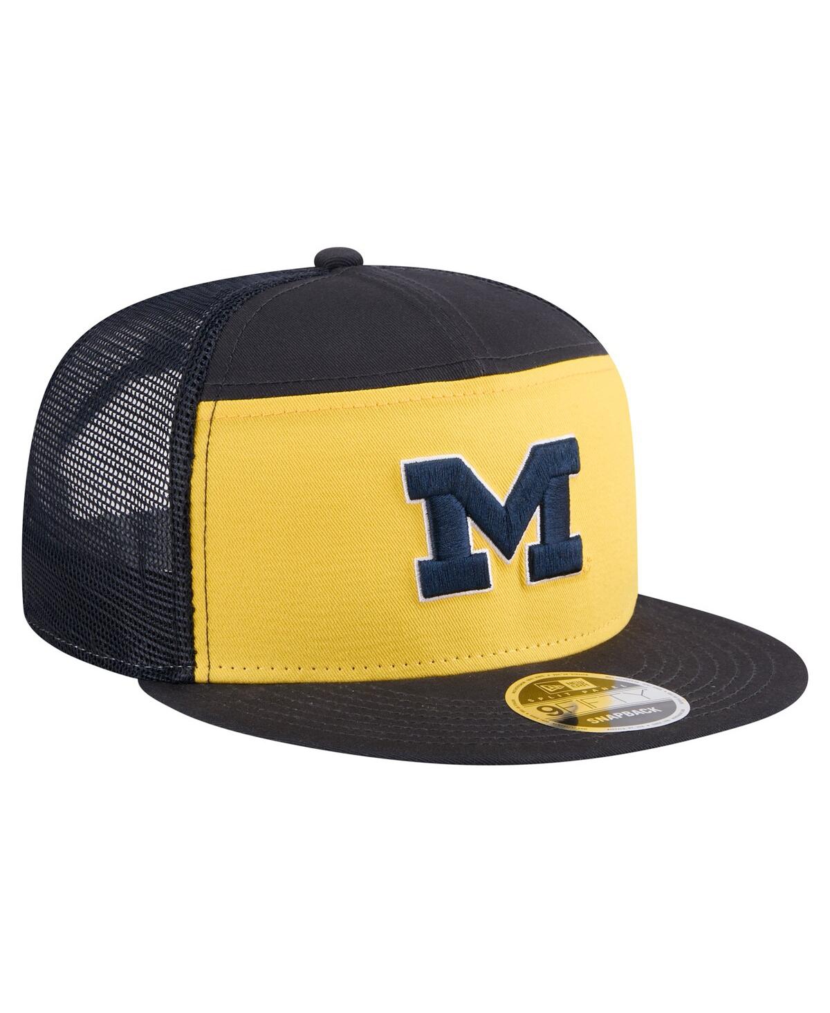 New Era Men's Black/maize Michigan Wolverines Outdoor Wide Panel 9fifty Snapback Trucker Hat In Yellow