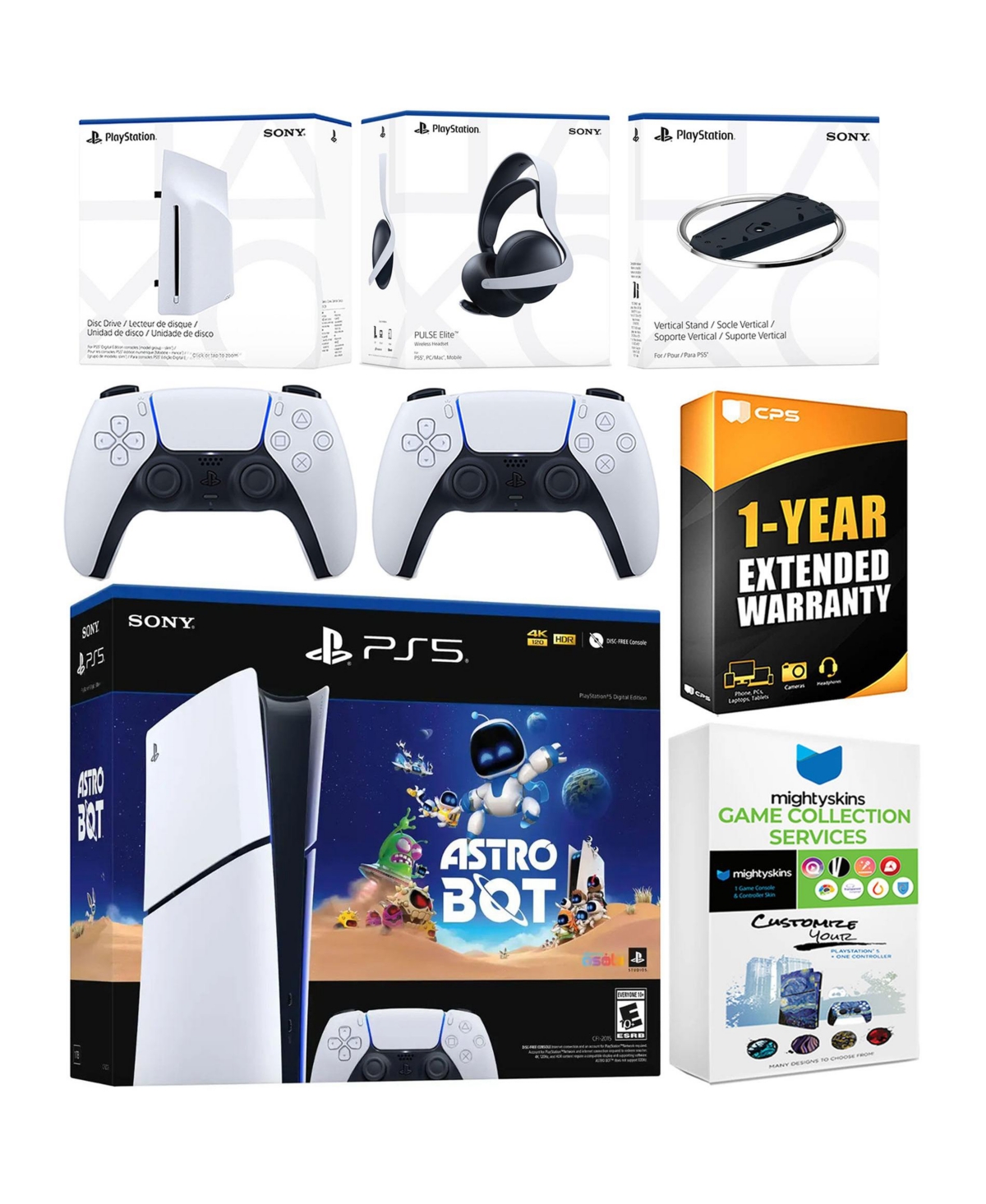Sony PlayStation 5 Astro Bot Slim Digital Bundle with Disc Drive, Pulse Elite Headset, Extra Controller, Vertical Stand, MightySkins Game Collection S